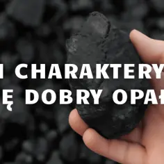 Dłoń trzyma bryłę węgla na tle stosu. Napis: "Czym charakteryzuje się dobry opał?". Kluczowa jest wysoka wartość opałowa.