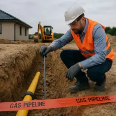 Budowlaniec sprawdza głębokość wykopu pod przyłącze gazu od skrzynki do domu. Widać żółtą rurę i taśmę ostrzegawczą "GAS PIPELINE".