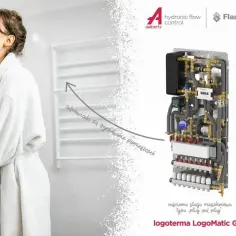 Kobieta w szlafroku myje ręce. Obok widoczna jest kompaktowa, ścienna stacja mieszkaniowa **logoterma** LogoMatic G2, która odpowiada za ogrzewanie pomieszczeń.