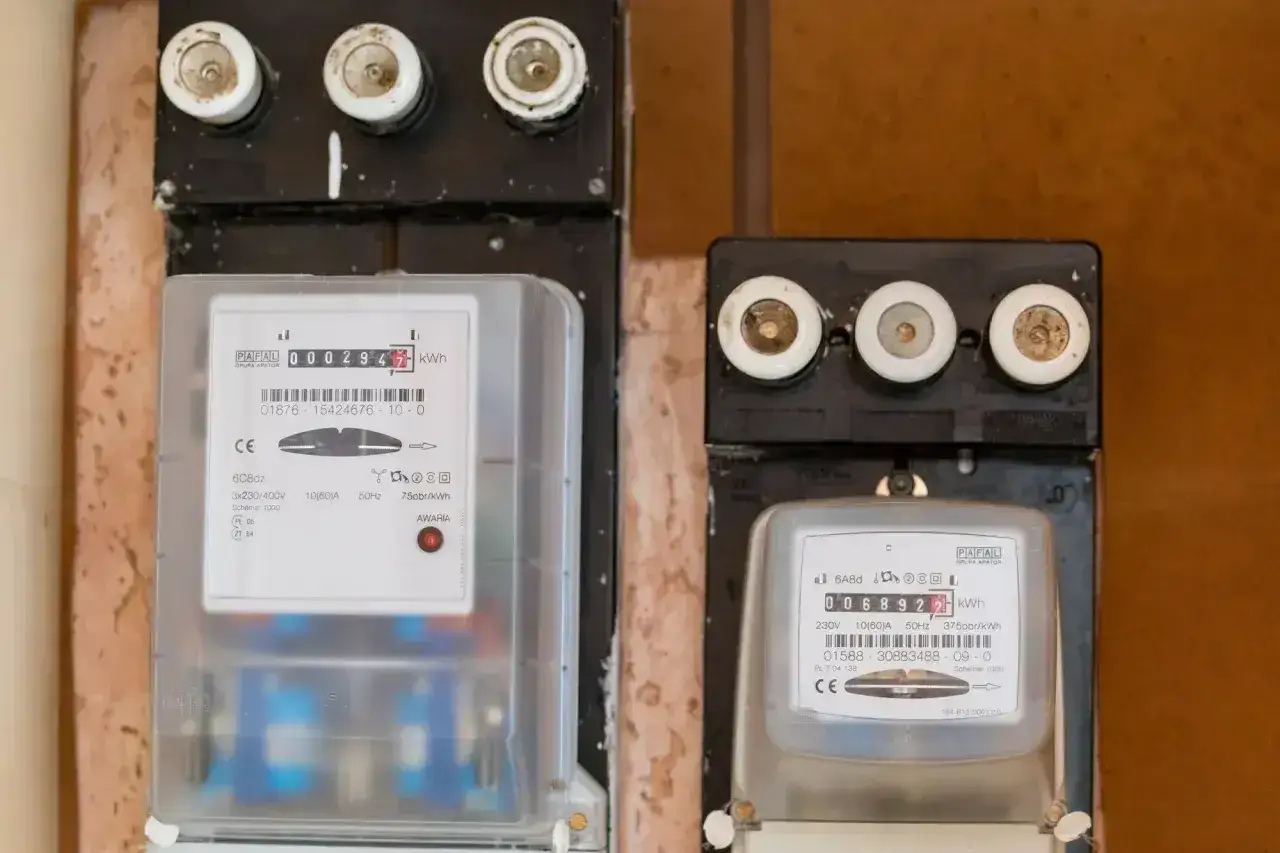 Dwa liczniki energii elektrycznej, jeden z odczytem 0002947 kWh, drugi 0068922 kWh. Możliwe, że jeden z nich obsługuje taryfę g12.