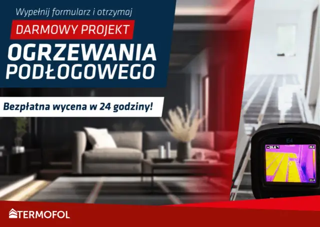 Darmowy projekt ogrzewania podłogowego. Termowizja pokazuje rozkład ciepła. Bezpłatna wycena w 24h.